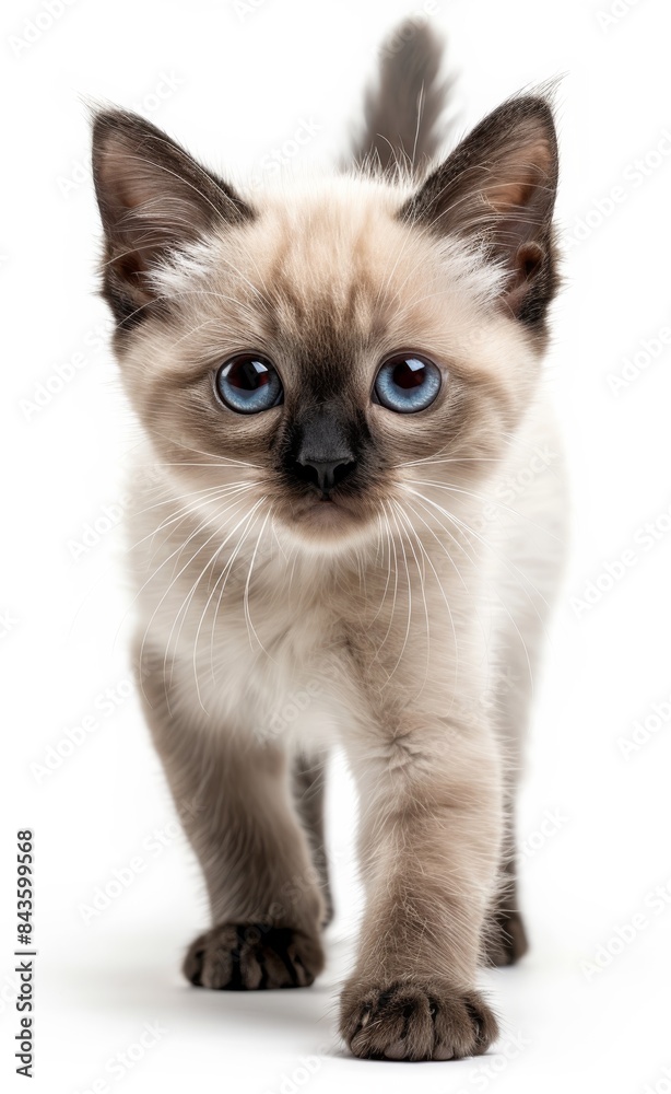 Wall mural siamese cat with blue eyes walks across a white background