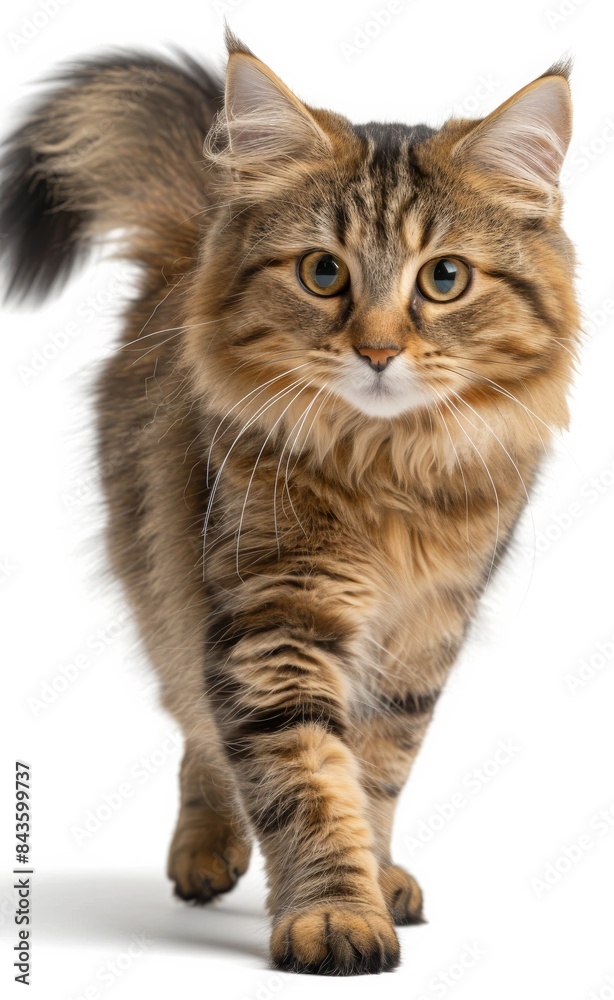 Wall mural siberian cat with long fur walks on a white background