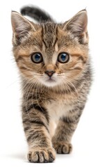 A kitten with blue eyes is walking on a white background