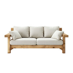 Fototapeta premium Cozy wooden frame sofa with white cushions, perfect for living room or lounge area decor and comfort.