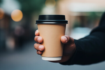 A man holding paper coffee cup outdoors with space for a text