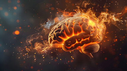 Fototapeta premium A brain hovering with orange sparks flying out from it. 