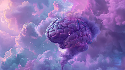 A brain in the sky with purple smoke wafting out from it. 