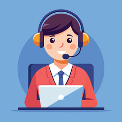 Office operator with headset talking with clients. Customer service, call center, hotline