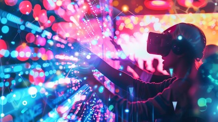 A person wearing VR headset interacts with a digital world filled with vibrant lights and shapes.