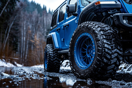 Blue Jeep with Large Tires Navigating Icy Puddles on a Muddy Forest Trail During Cold Weather Off-Road Adventure