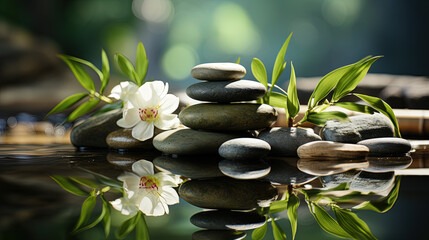 feng shui, stock photography with copy space, water, bamboo, stones, sunlight