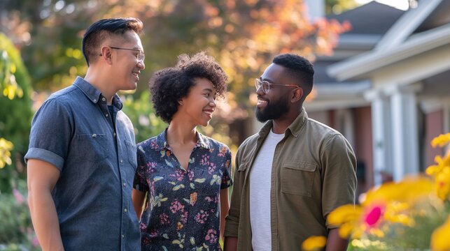 An LGBTQ couple, meeting their new neighbors outside their new home - Powered by Adobe
