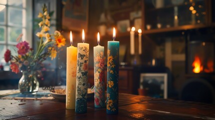Four burning candles on a wooden table, with flowers and a fireplace in the background, creating a warm and inviting atmosphere.