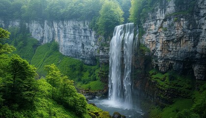Spectacular waterfall pouring over a rugged cliff, the water creating a stunning display as it descends into a serene, forested valley