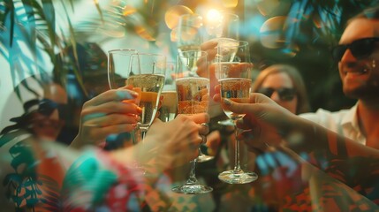 Friends raise their glasses in a toast, celebrating outdoors in a tropical setting.