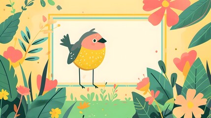 Cheerful Bird in Vibrant Garden with Geometric Frame Border Design