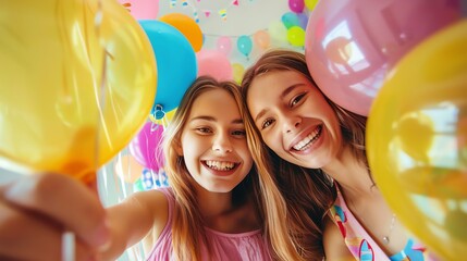 Two happy teenage girls take a selfie surrounded by colorful balloons at a birthday party.