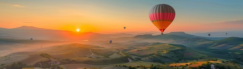 Fototapeta premium Vibrant hot air balloons floating gracefully over a picturesque landscape of rolling hills and lush fields