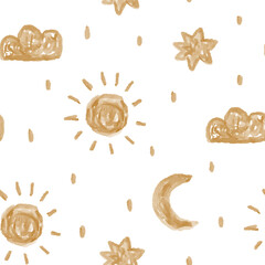 Cute watercolor moon, stars, sun, cloud with rain, kids wallpaper seamless pattern design