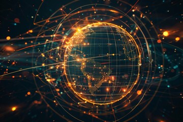 Abstract technology circles with global connection lines. Energy recycle symbol graphic design on black background. 3d illustration