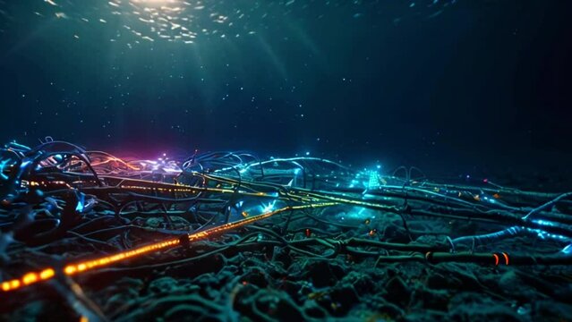 This appears to be an illustration of fiber optic cables on the ocean floor.