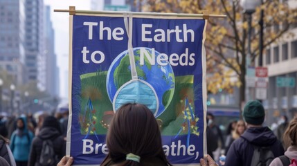 A banner featuring the globe wearing a mask, titled "The Earth Needs to Breathe," targeting air pollution.