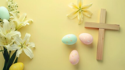 Easter themed flat lay with wooden cross painted eggs and lily flowers on a light yellow backdrop Room for adding text
