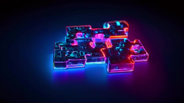 A glowing blue and pink puzzle piece on a black background.