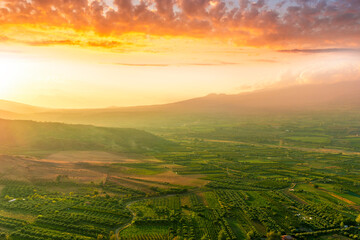 Fototapeta premium rustic landscape view of rural green valley in mountain hills with farms and gardens
