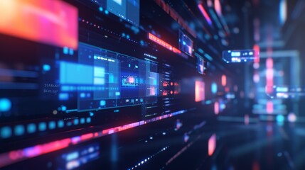 Fototapeta premium An image of a creative video editor of the future, where a neural network offers automatically generated effects and filters for videos that suit the content and mood. --no text --ar 16:9 --quality 0