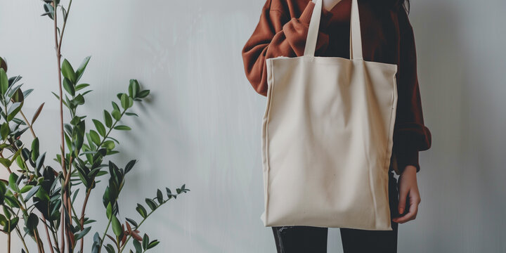 Borsa in tela di cotone bianco ecru naturale, mantenuta da una ragazza su sfondo bianco panoramico con pianta in vaso sul lato e spazio vuoto per inserimento prodotto pubblicitario o testo. Mockup