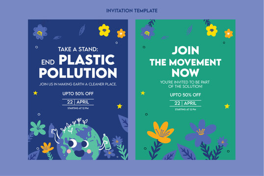 Plastic pollution awareness invitation template flat illustration