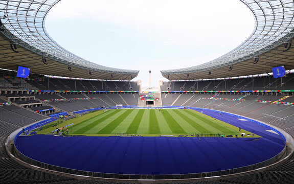 Berlin, Germany - June 7, 2024: Panoramic view of Olympiastadion Berlin decorated in UEFA EURO 2024 set-up, seen during the Open Media Day in week before the UEFA EURO 2024 Tournament