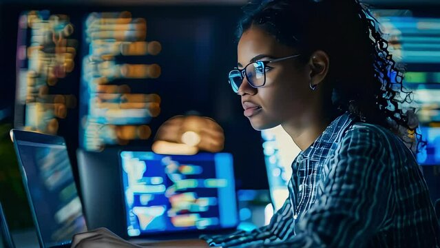 A female system administrator in an IT firm troubleshoots software issues on her laptop, with holographic icons displaying innovative solutions.