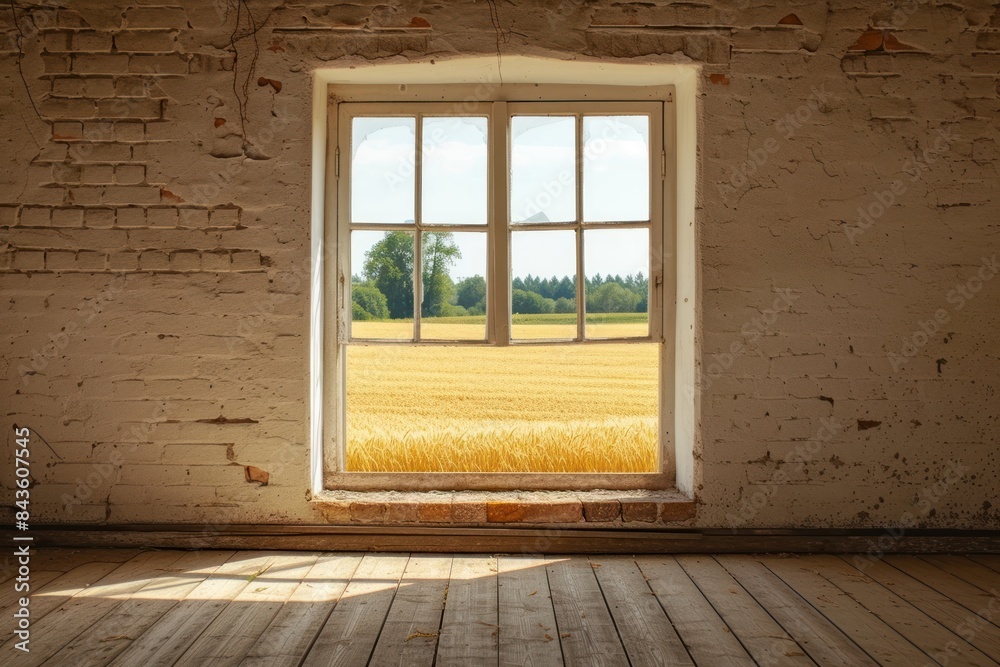 Sticker Window see wheat field house room deterioration.