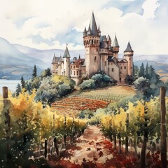 Whimsical Castle Scene for Travel or Wine Themed Projects Generative AI