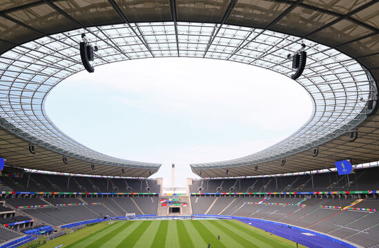 Berlin, Germany - June 7, 2024: Panoramic view of Olympiastadion Berlin decorated in UEFA EURO 2024 set-up, seen during the Open Media Day in week before the UEFA EURO 2024 Tournament