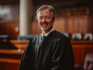 A Judge male wearing judicial robes, standing in front of a courtroom bench, smiling and looking into the camera