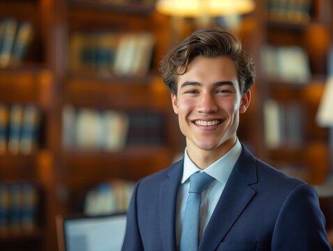 A Law Clerk male wearing professional attire, standing in front of a desk with legal documents, smiling and looking into the camera