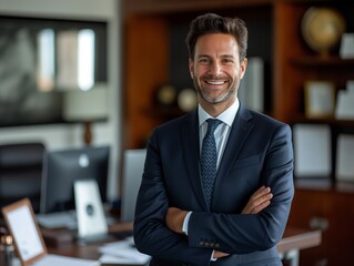 Fototapeta premium A Legal Secretary male wearing professional attire, standing in front of a desk with legal paperwork, smiling and looking into the camera