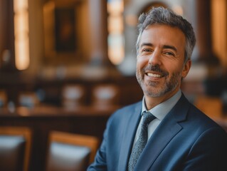 Fototapeta premium A Prosecutor male wearing professional attire, standing in front of a courtroom bench, smiling and looking into the camera