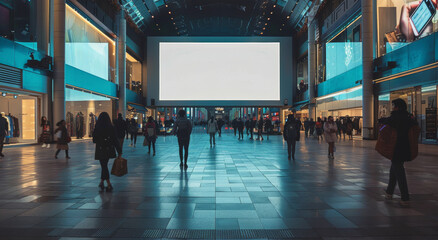 Blank Advertisement Sign In Front Of Modern City Shopping Mall At Night