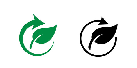 Green leaf and arrow icons for biodegradable recyclable organic bio package, vector labels. Biodegradable eco safe, recyclable and bio degradable package stamps