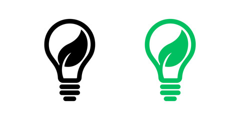 Lightbulb and leaf icons for green energy and eco environment, vector symbols. Leaf and light bulb lamp icons, recyclable or reusable and ecology conservation signs