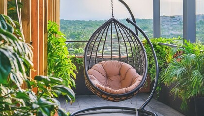 Serene Retreat: Hanging Cocoon Chair Amidst Lush Greenery on a Residential Terrace