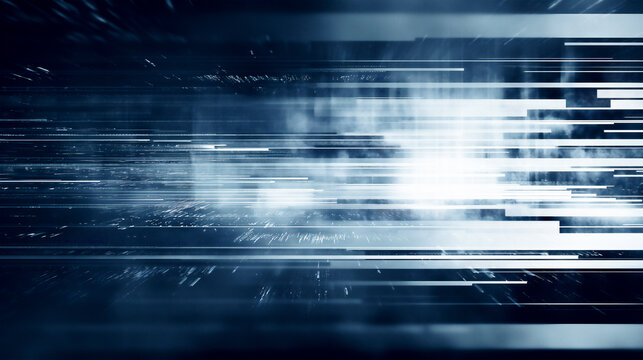 Abstract digital background with dark blue and light gray colors, horizontal stripes of light effects and glitch patterns on the screen