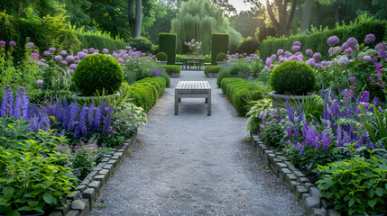 Obraz premium English Garden Terrace: formal hedges, topiaries, gravel paths, classic English plants