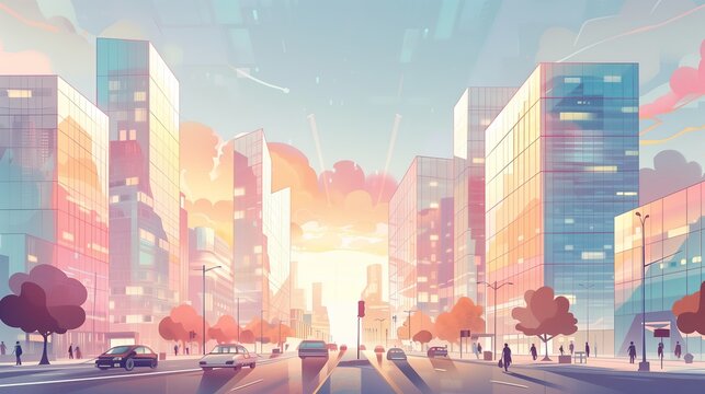 Modern city street with skyscrapers and busy traffic. Ideal for urban and travel themes, capturing the dynamic and bustling life of a city.