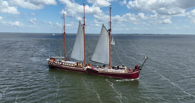 De Radboud, the largest three masted clipper on the IJsselmeer. Aerial view.