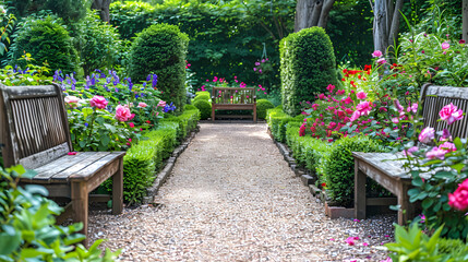 English Garden Terrace: formal hedges, topiaries, gravel paths, classic English plants