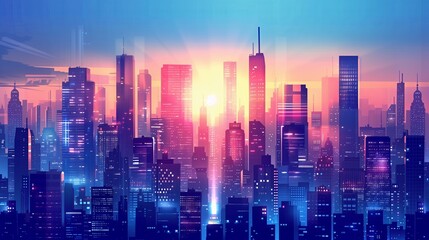 Modern city skyline at night with neon lights. Perfect for urban and futuristic themes, showcasing the vibrant and dynamic life of a metropolis.