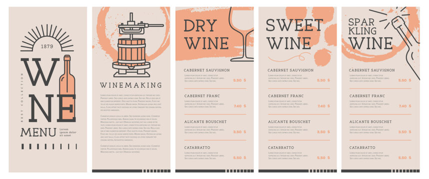 Restaurant wine menu design with wine press and wine stain. Line art modern vector illustration