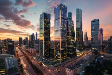 Fototapeta premium Modern Moscow cityscape featuring skyscrapers and office buildings, ideal for business and travel themes, capturing the vibrant and dynamic atmosphere of the urban center.