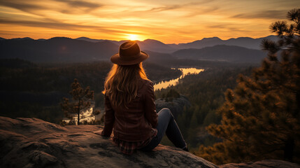 woman meditating on the mountains on the sunrise